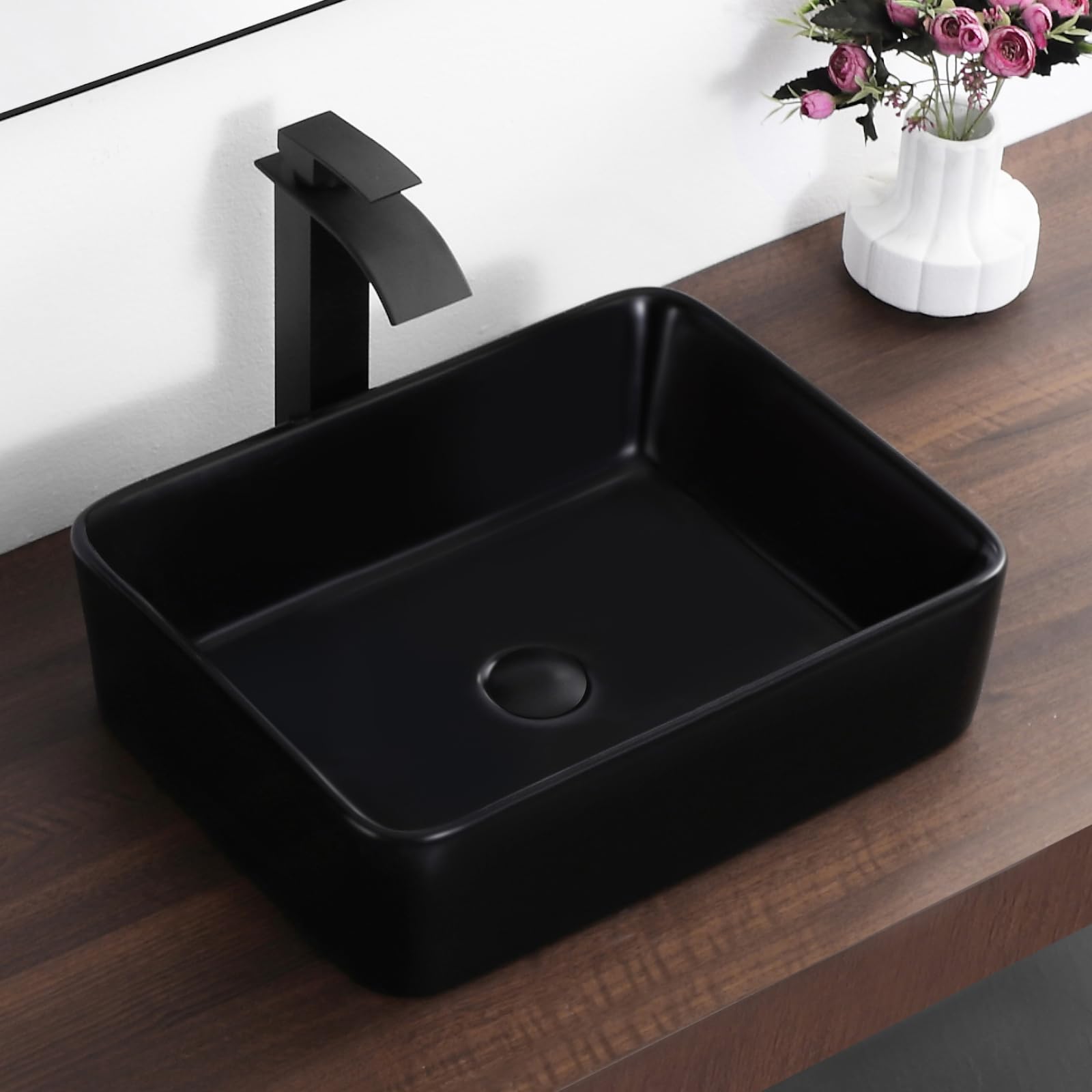 Black Vessel Sink,Rectangle 19"x15" Bathroom Sink Above Counter Porcelain Ceramic Small Sink Bowl Ceramic Vessel Sinks for Bathrooms