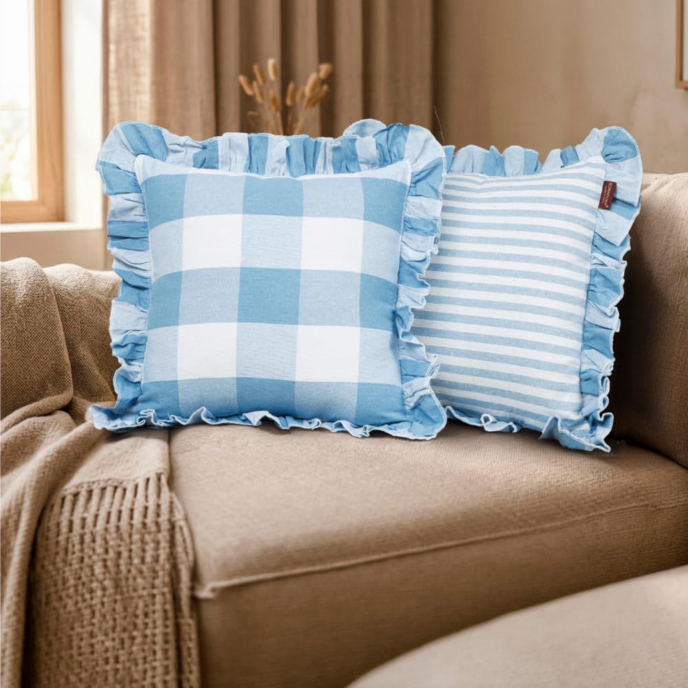HOMADORN 100% Cotton Reversible Cushion Cover with Frill Edges | Geometric Design | Soft, Breathable & Durable Decorative Pillow Cover for Sofa & Bed (Sky, 16X16 Inches)-image-44