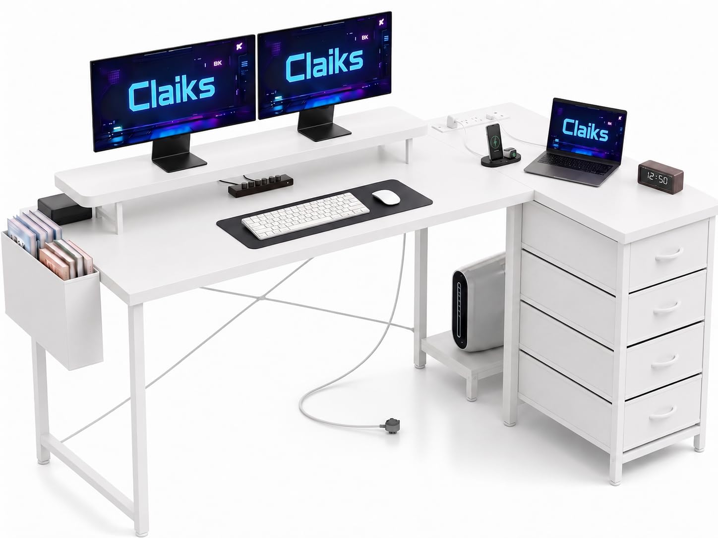 Claiks L Shaped Desk with Drawers, 160x80cm Corner Computer Desk with Power Outlets & USB Ports, Home Office Desk with Storage, Monitor Shelf and PC Holder, White — image 1