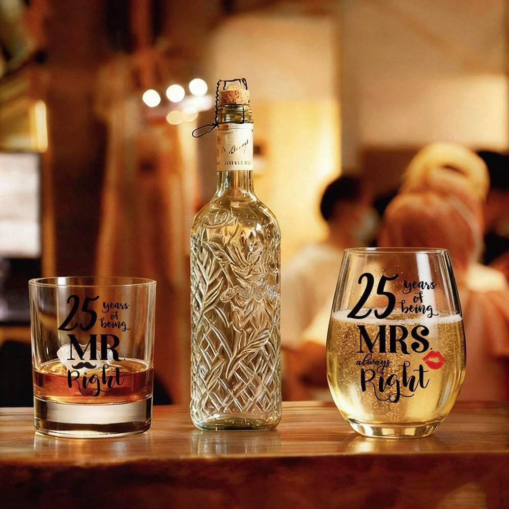 25th Anniversary Glass Gifts Set - 25 Years of Being Mr Right & Mrs Always Right Wine Glass Present for Him Her, Happy 25th Wedding Anniversary for Wife Husband Couple Parents Grandparents - Image 3