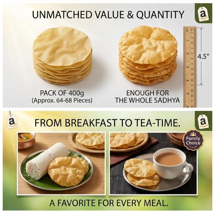 Image of Naturalz Kerala Authentic 4.5 Inch Handmade Pappadam - Traditional Urad Dal Fryums (400g, Approx. 64-68 Pieces) - No Artificial Preservatives
