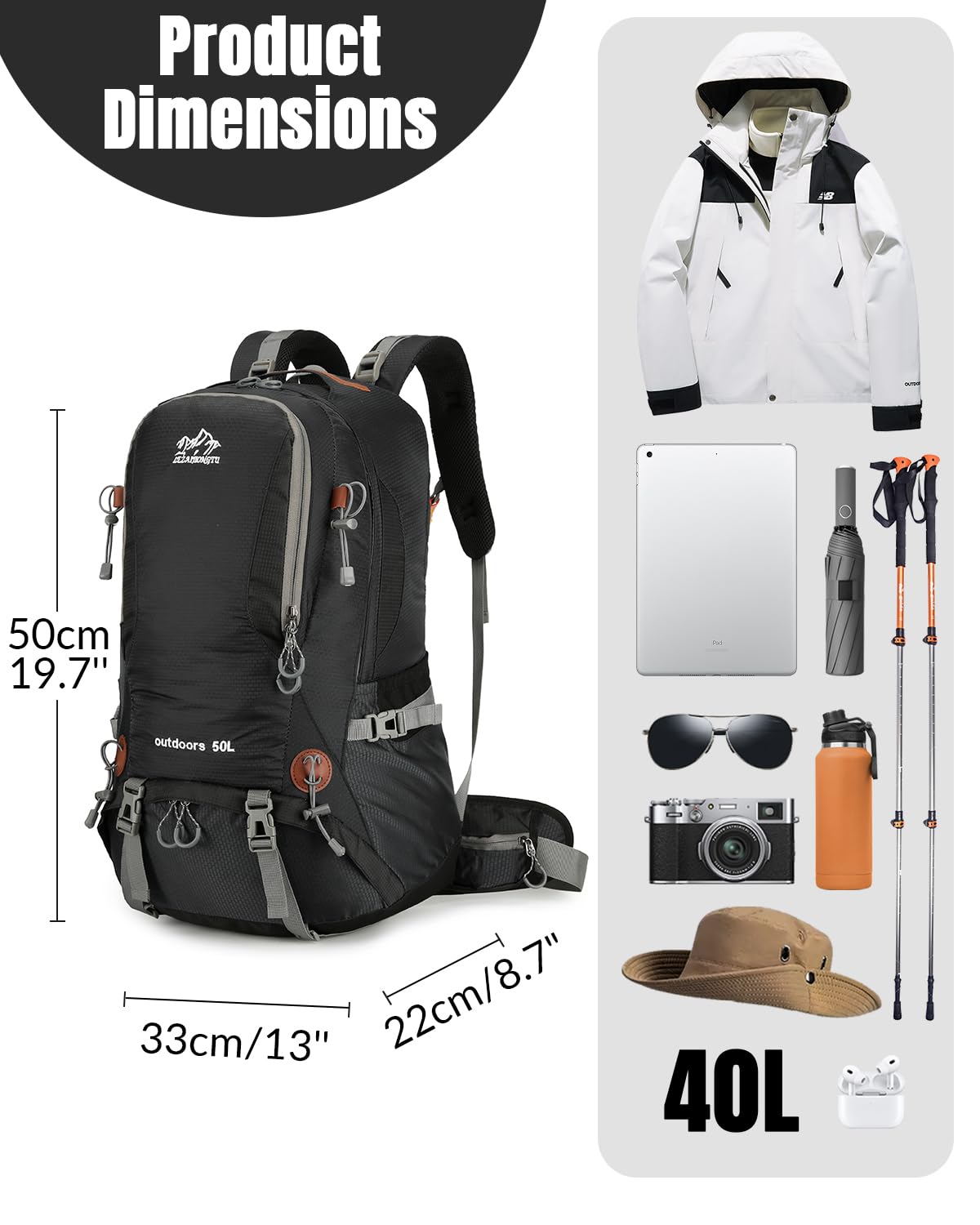Mochila de senderismo con marco interno para hombres y mujeres, mochila impermeable de 40 L con sistema de suspensión y compartimento para zapatos, mochila ligera de camping para camping