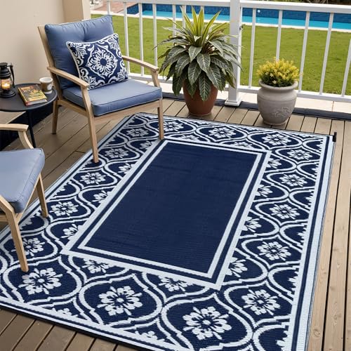 PureCozy Tapis d'extérieur moderne en paille en plastique réversible, imperméable, lavable, résistant aux UV, pour pique-nique, arrière-cour, bleu marine...