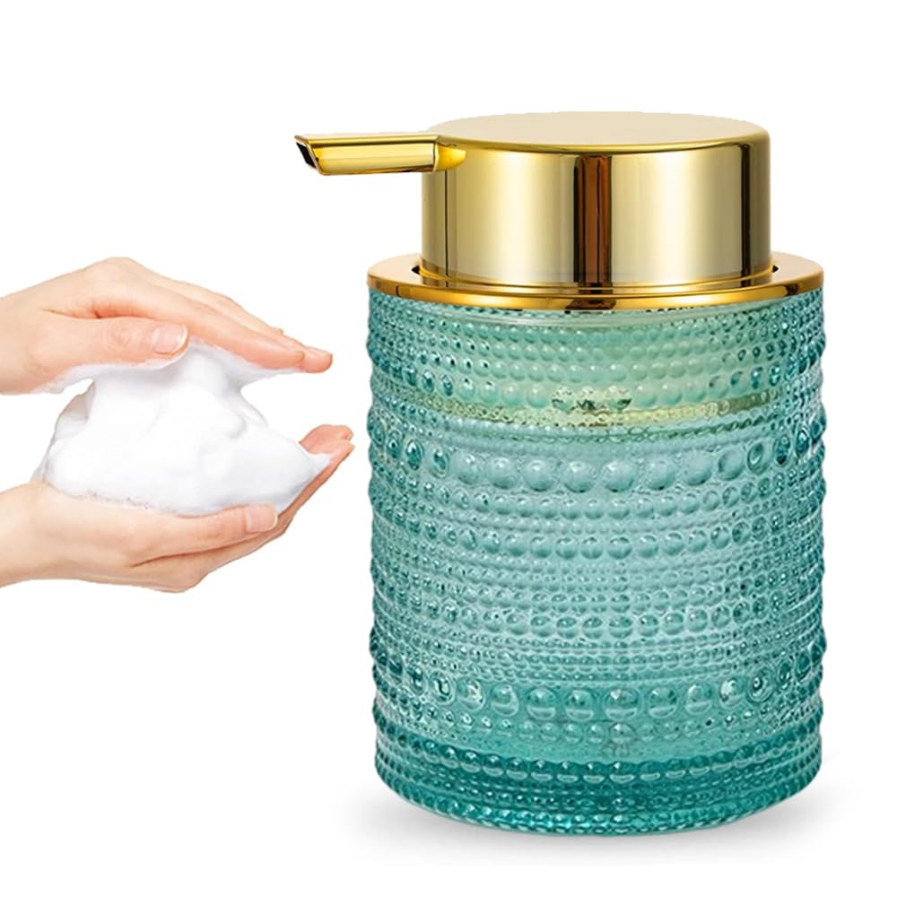 Glass Foam Soap Dispenser, Refillable Round Foaming Pump Bottle with Gold Pump, Foam Hand Soap Dispenser for Bathroom Kitchen, Modern Home Bathroom Decor (Blue)
