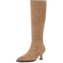 Modatope Knee High Boots Kitten Low Heel Faux Leather Pointed Toe Side Zipper Fall Long Tall Boots for Women