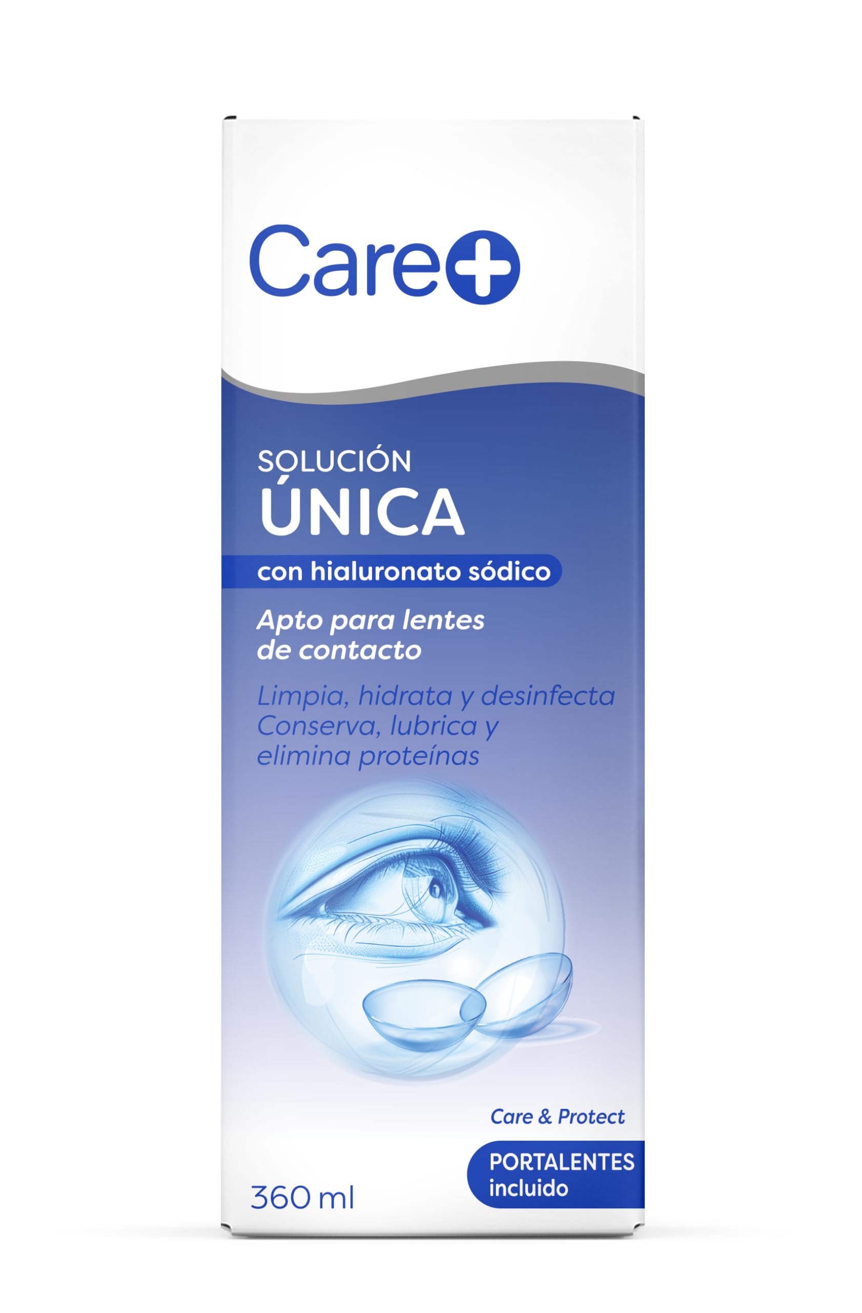 Care+ Líquido de lentillas con Hialuronato Sódico, Solución única para contacto blandas, Limpia e hidrata, Alivio para Ojos Secos y Sensibles, con portalentillas, 360ml — view 3
