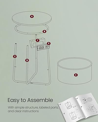 Miniatura 9 de VASAGLE LILEA Collection - Mesa auxiliar con estación de carga, mesa auxiliar redonda con cesta de tela, mesita de noche con puertos USB, para sala