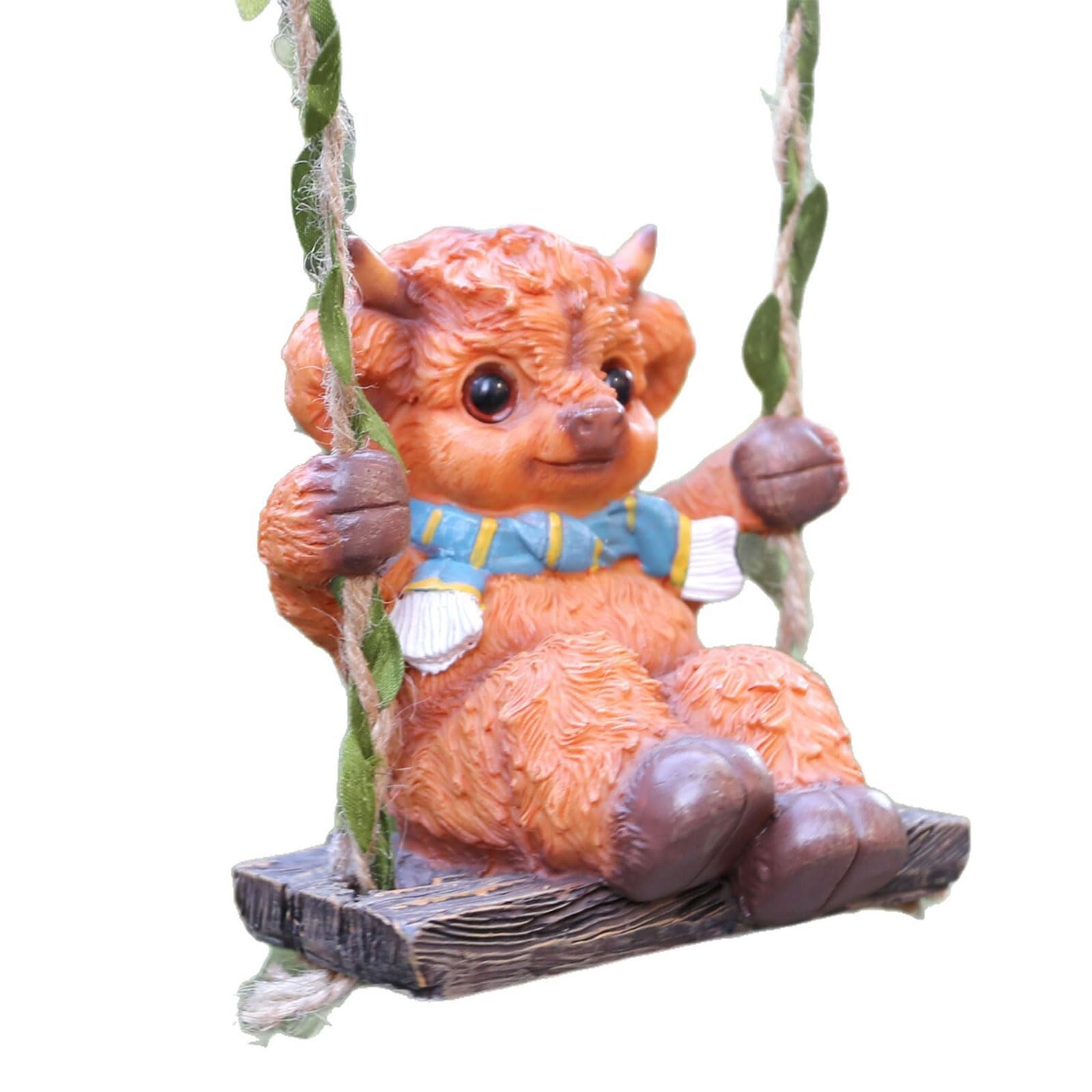 HZBB Swing Highlands Cow Figurines Resin Gnomes Scottish Statue Hanging Decorations for Garden Lawns Decors Hanging Sculptures