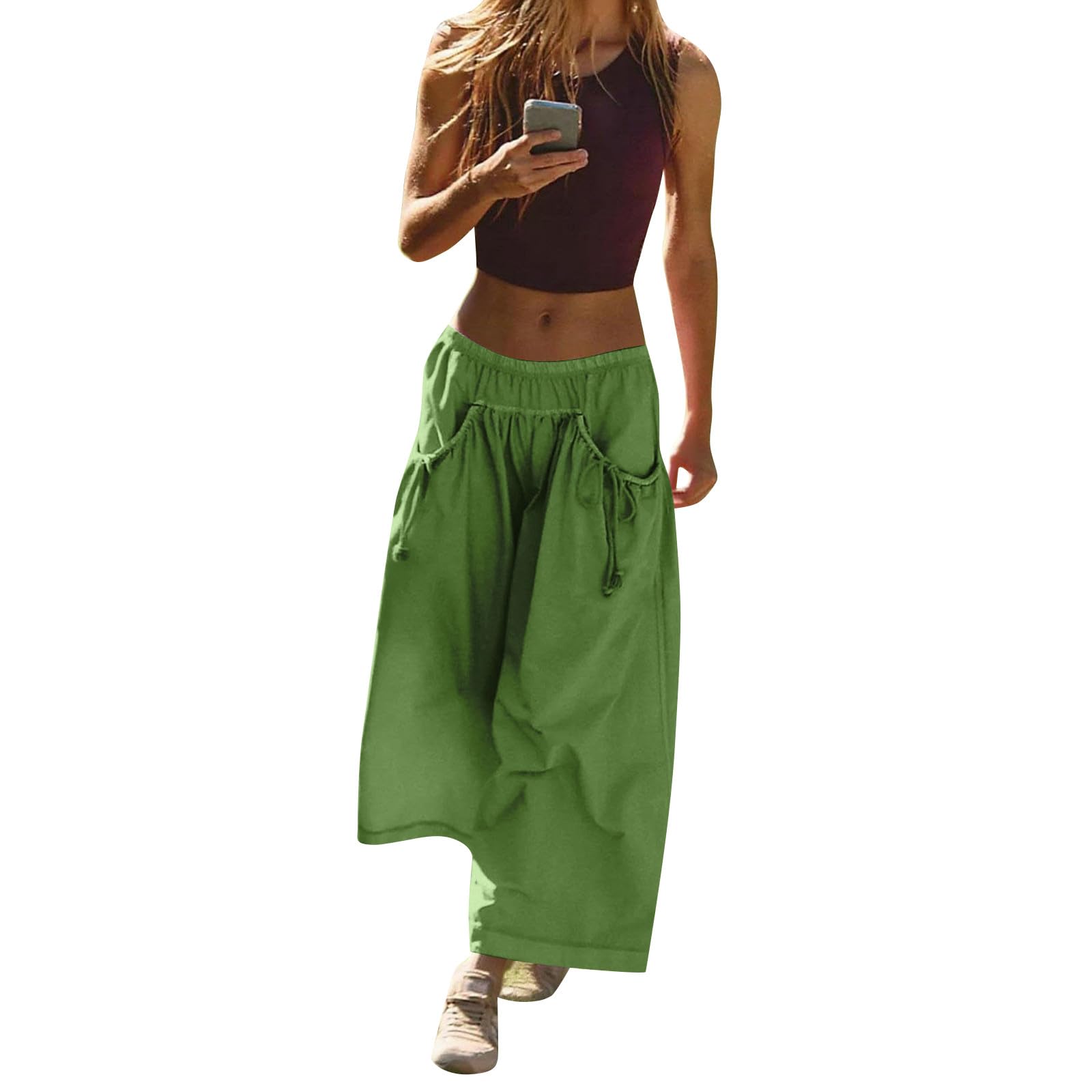 eoeioa Palazzo Pants for Women Casual Ruched Elastic Waist Capri Pants Baggy Stretchy Lounge Pant with Pockets