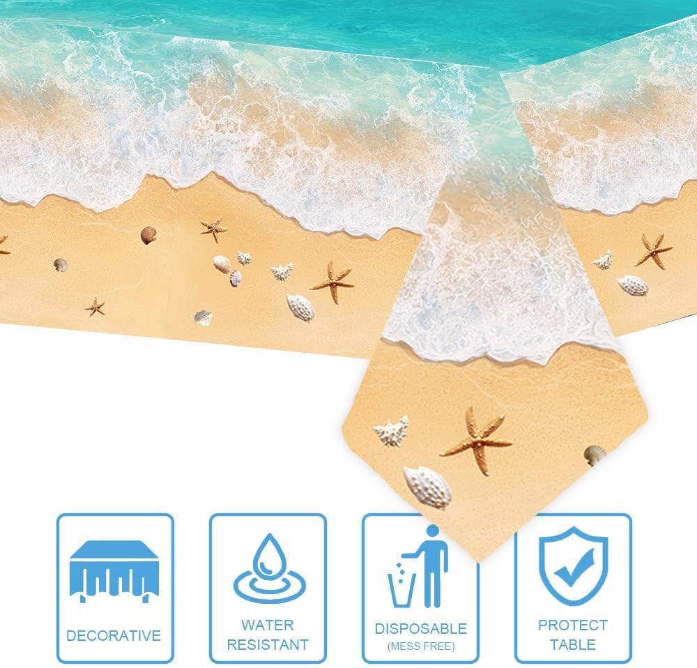 AIBIIN 3Pcs Summer Beach Themed Tablecloth, Ocean Waves Pool Party Decorations Tablecloth Plastic Water Print Table Cover for Hawaiian Party Birthday Supplies 54X108inch