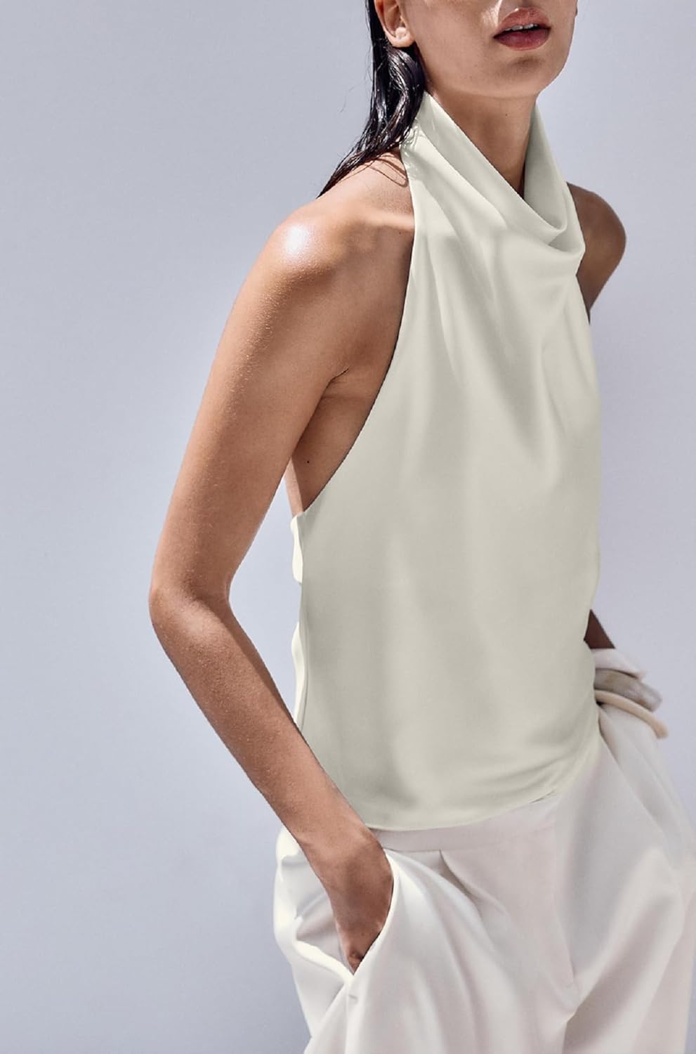 Women Mock Neck Satin Halter Tops Sexy Open Back High Neck Tank Tops Y2k Summer Going Out Tops - Image 4