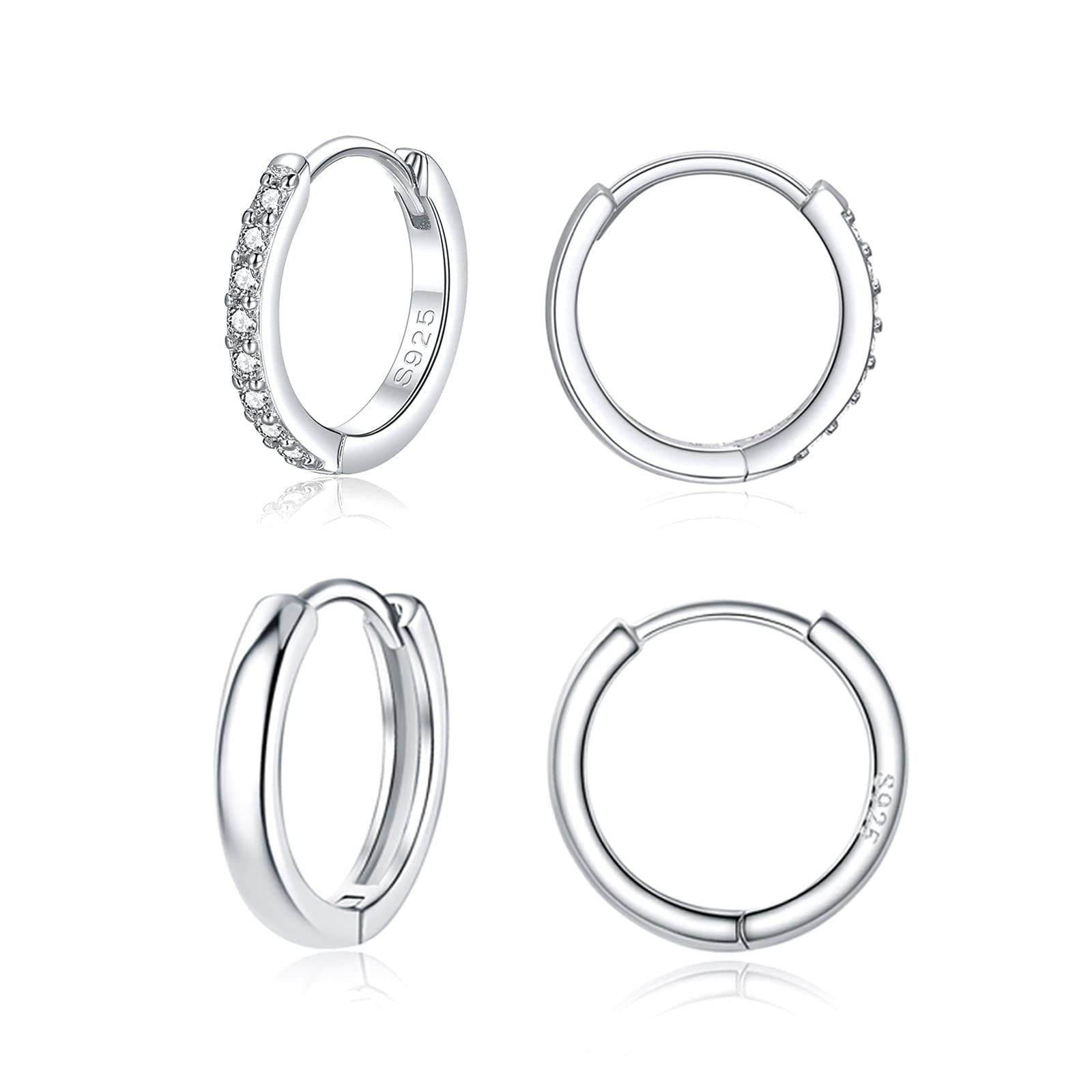 Deyanse Creolen Silber 925, 2 Paare 925 Sterling Silber Hoop Creolen Ohrringe Set, 12mm Silber/Rosegold/Gold Klein Unisex Schlafen Knorpel Rund Huggie Damen Kreolen Ohrringe mit Zirkonia