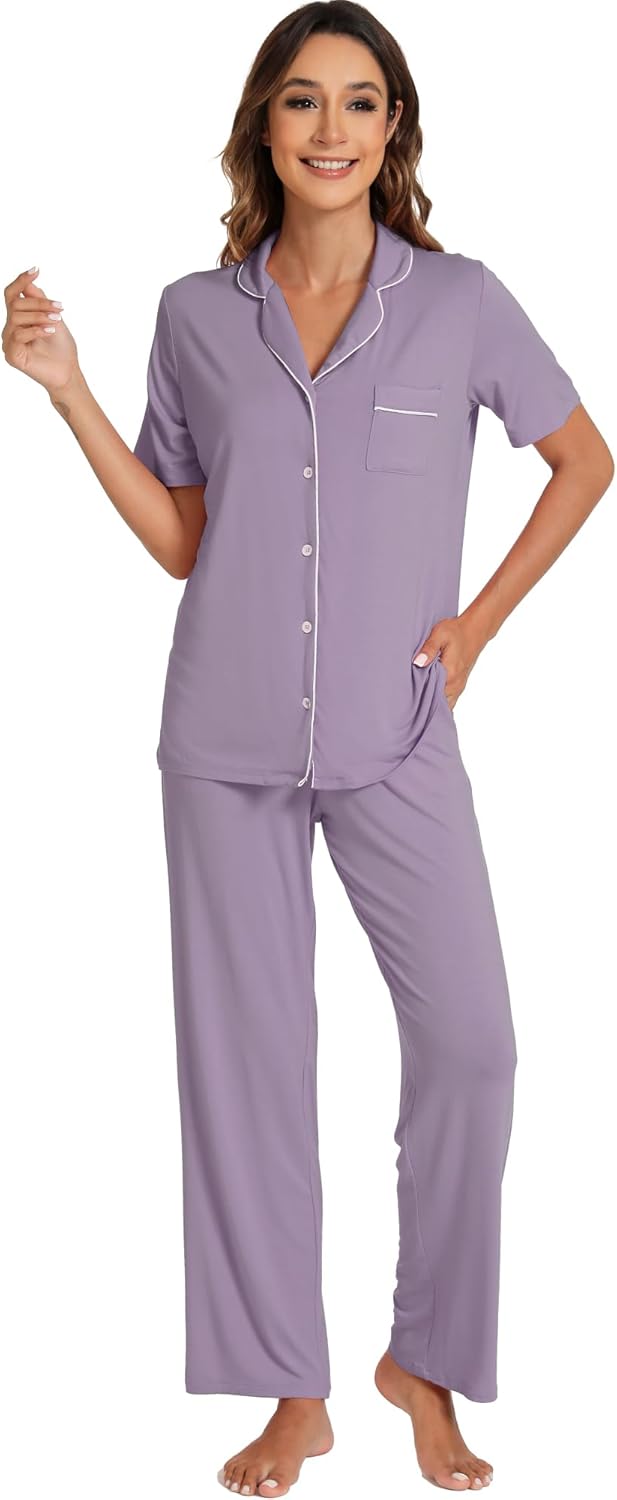 WiWi Viscose from Bamboo Women's Pajamas Set Super Soft Button Down Top and Pants Sleepwear Cooling Pjs S-3X