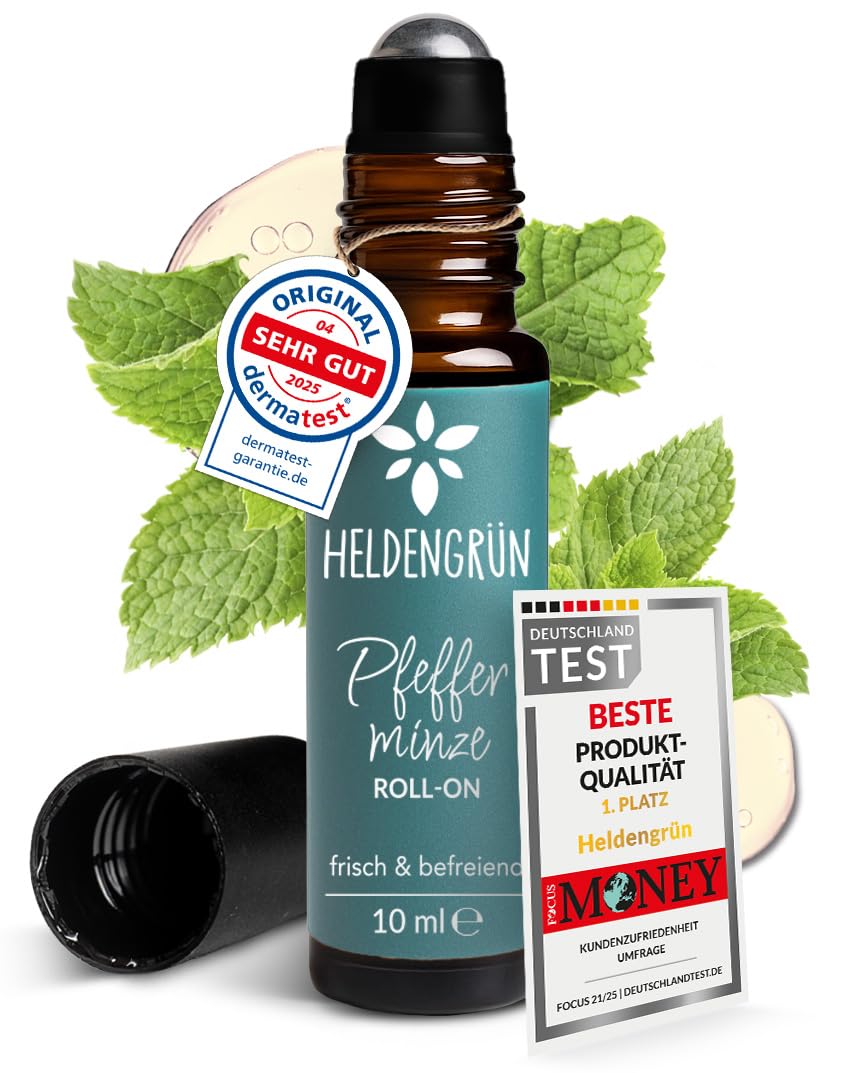 Heldengrün® BIO Roll-On Pfefferminze "Kopfklar" [100% NATURREIN] Bei Kopfschmerzen - Dermatologisch getestet - Pfefferminzöl Roll On mit Jojoba- & Mandelöl