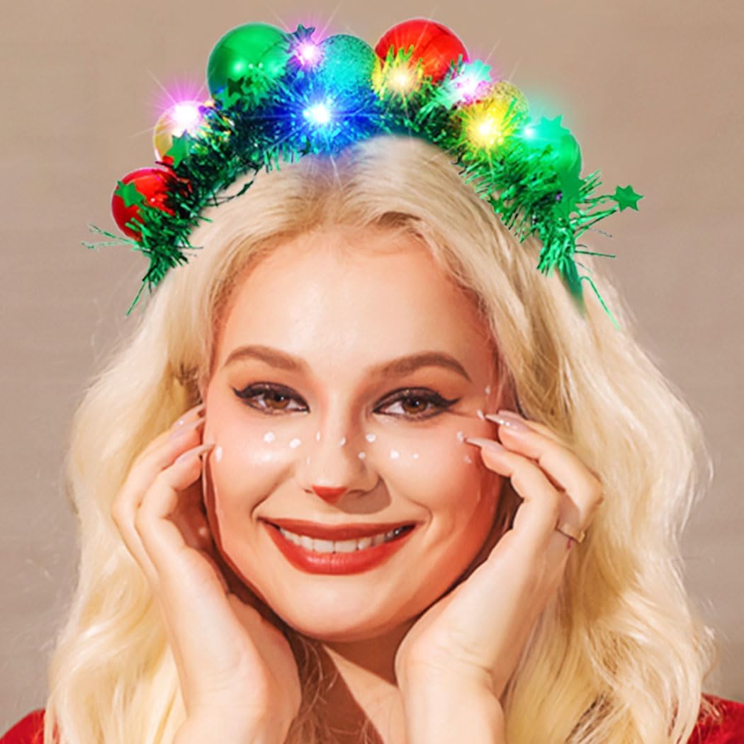 CAKURE LED Christmas Headband Green Light Up Christmas Ball Headbands Xmas Hair Hoop Holiday Party Costume Headwear Hair Accessories for Women - Image 2