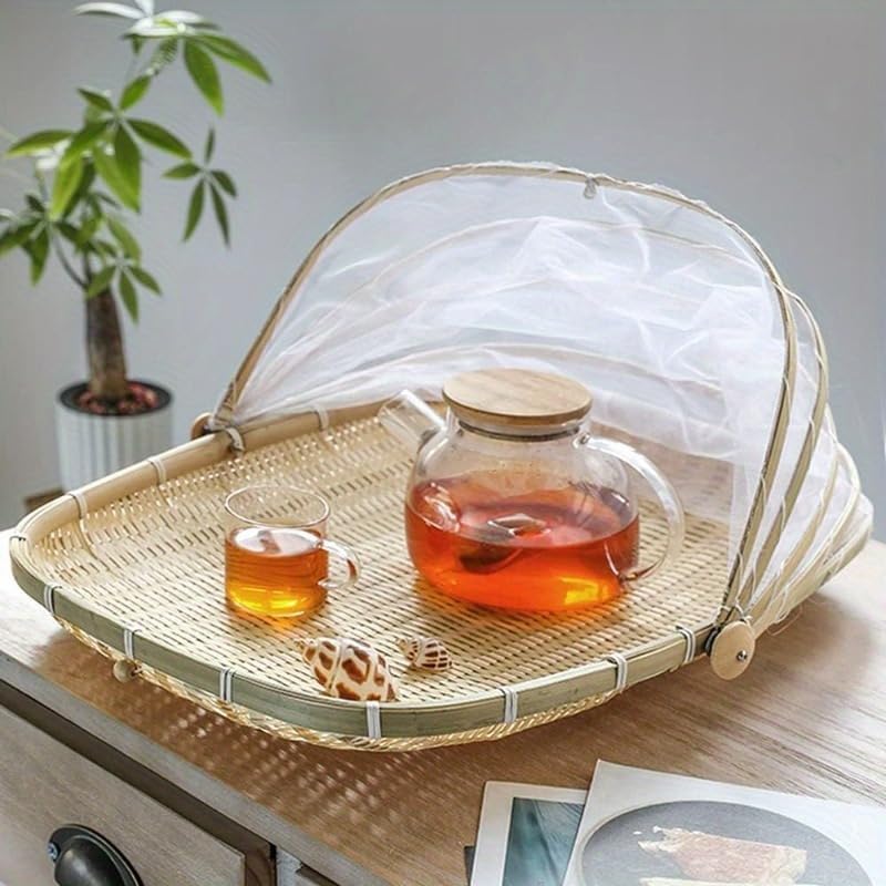 Handwoven Bamboo Serving Basket with Mesh Canopy Free Picnic Storage