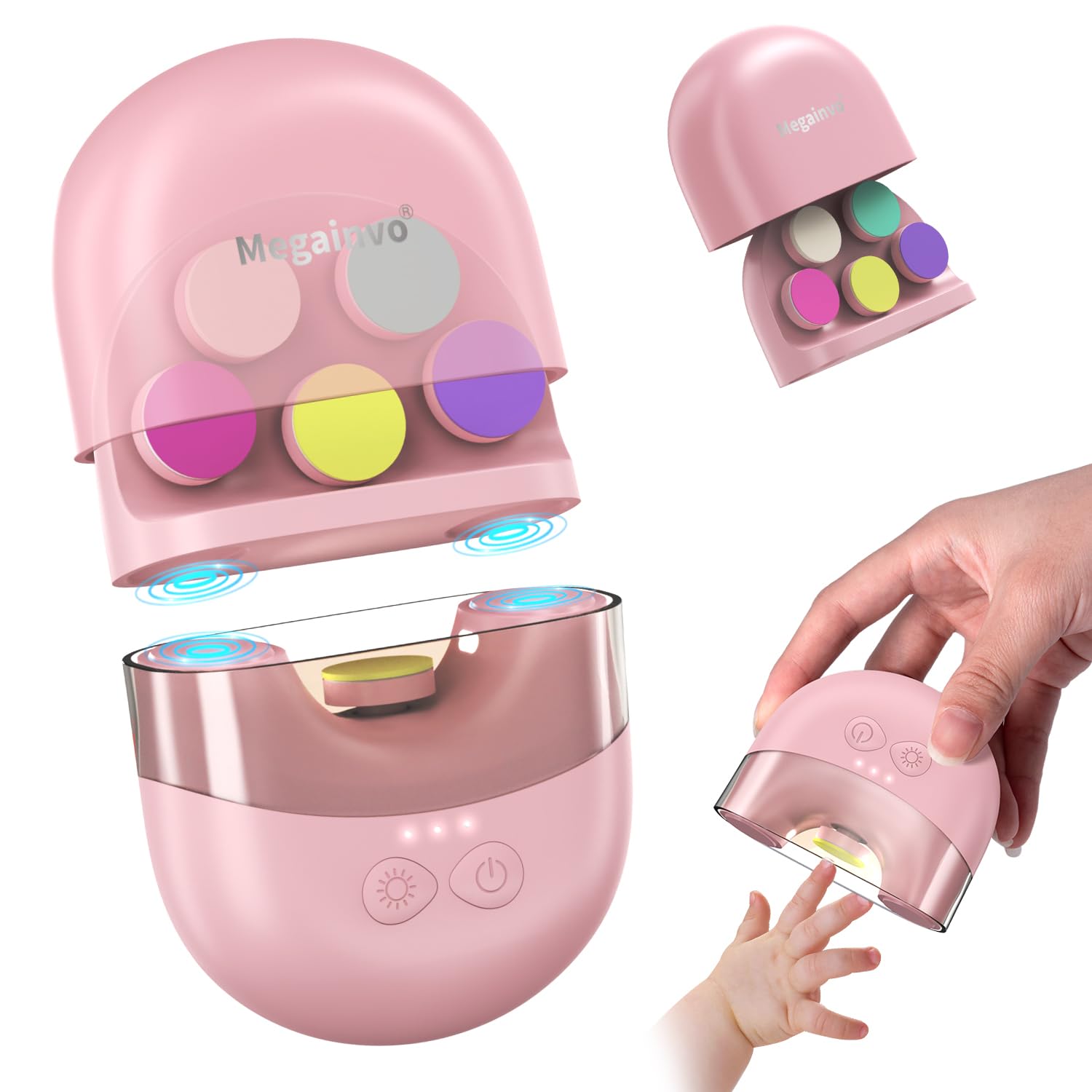 Megainvo Lima Elétrica Uñas Bebé,USB Recargable,Lima Uñas Bebé,Almacenaje para Recambios de Cabezales, Cortauña Bebés Eléctrica con Luz LED, Lima Eletrica de Uñas para Bebés Recién Nacido Niños(Rosa)