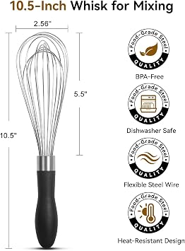 Anyongora 10 Inch Whisk, Sturdy Stainless Steel Wire Whisk with Non-Slip Grip - Dishwasher Safe & Rust Resistant Kitchen Tool for Cooking, Blending, Whisking & Mixing Batter