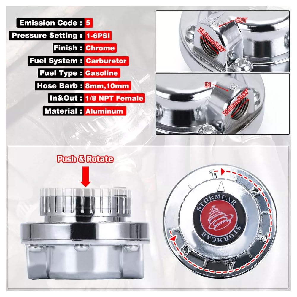 Régulateur de pression de carburant universel réglable 1-6 PSI pour moteurs à carburateur