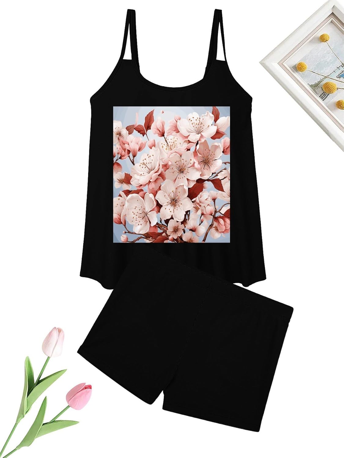 Cherry Blossoms Tankini Swimsuits for Women Tummy Control Two Piece Bathing Suits Swim Tops with Boy Shorts