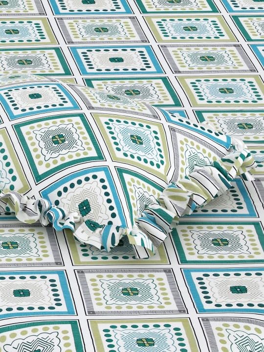 Image of 380 TC Premium Glace Cotton Elastic Fitted Bedsheet King Size with 2 Pillow Covers King Size | Double Bed with All Around Elastic (White Geometric, Fitted - Double72x72)