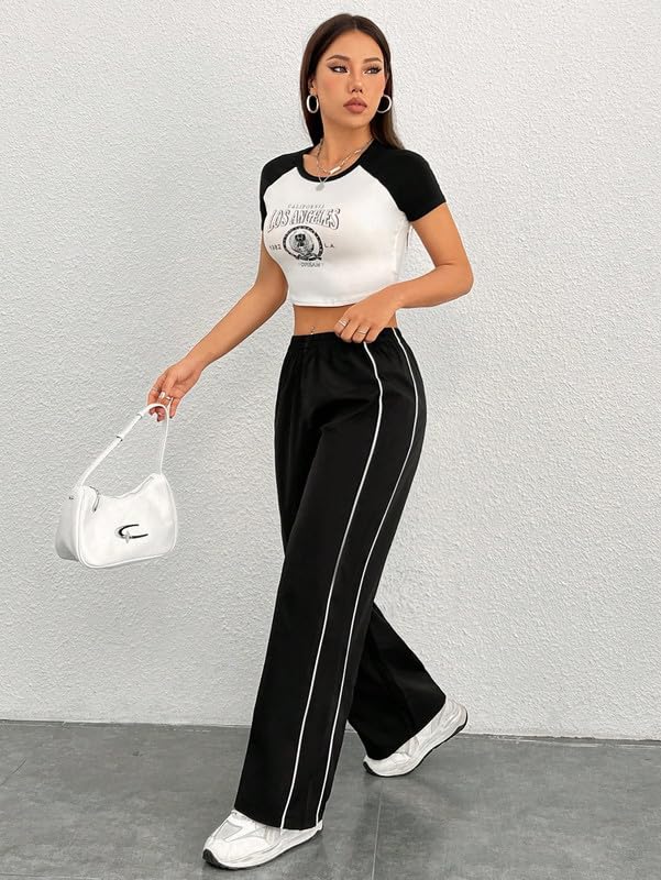 Image of Paralians Women's Straight Fit Polyester Track Pants with Contrast Side Piping | Elastic Waist Comfortable Sports & Casual Wear Bottoms