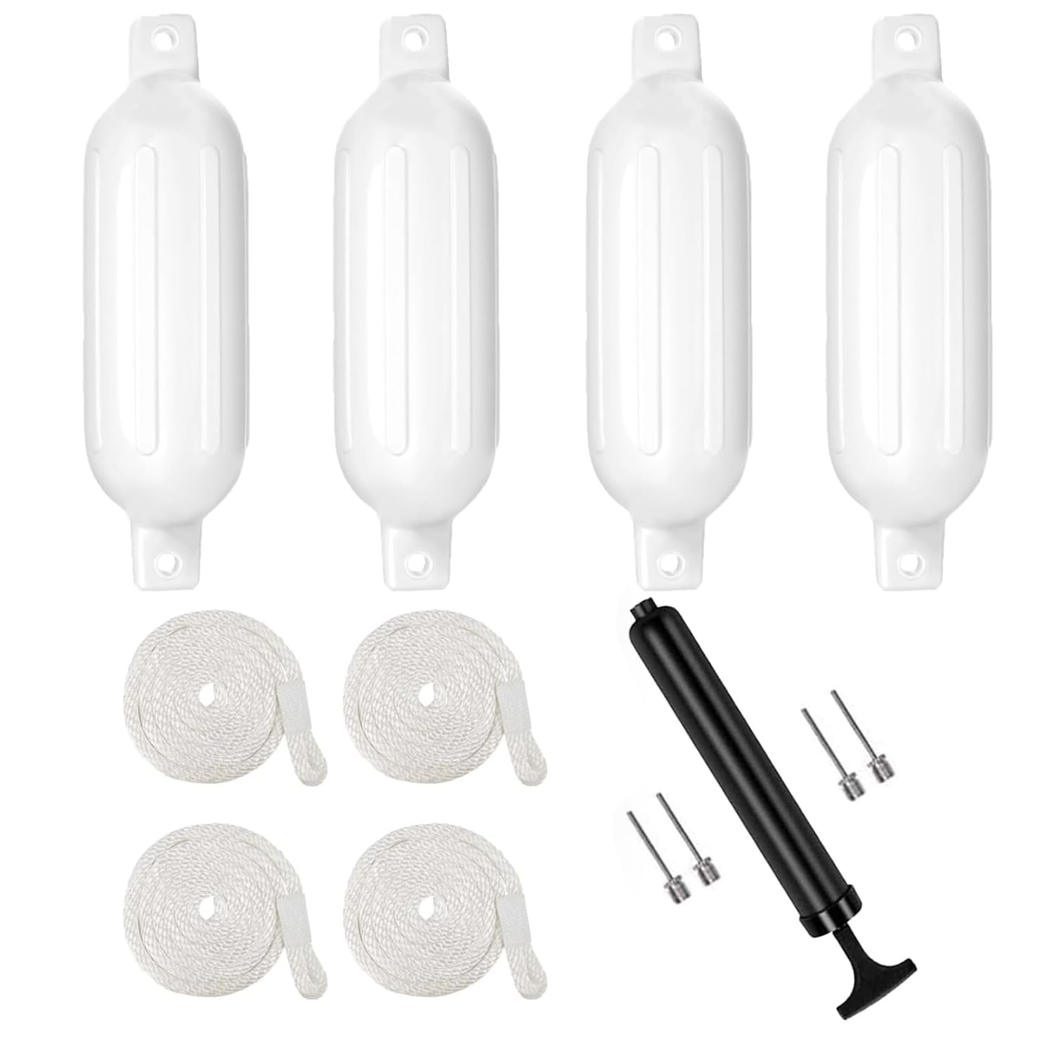 NEWFUN Set de 4 Pare Battage pour Bateau,PVC 40x10cm Garde-Boue De Bateau, Lignes d'ailes Incluses, Garde-Boue Nervuré Gonflable avec Trous Centraux,Convient aux Bateaux de 3 à 6 Mètres