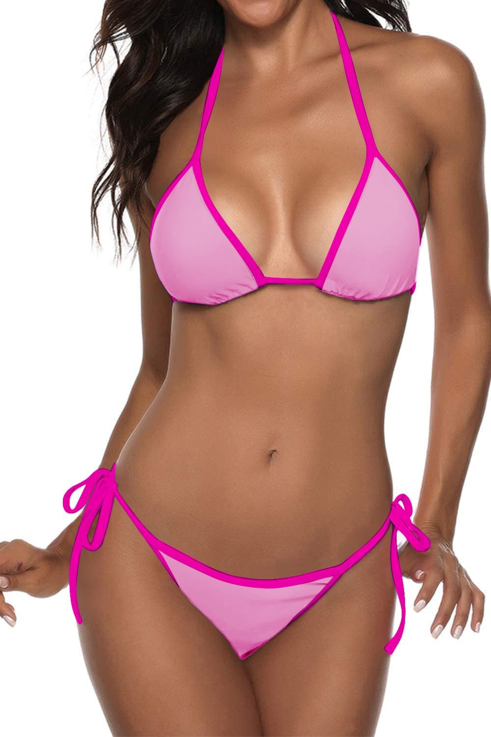 Suvimuga Women Two Piece Swimsuit Color Block Swimwear Halter String Triangle Bikini Sets