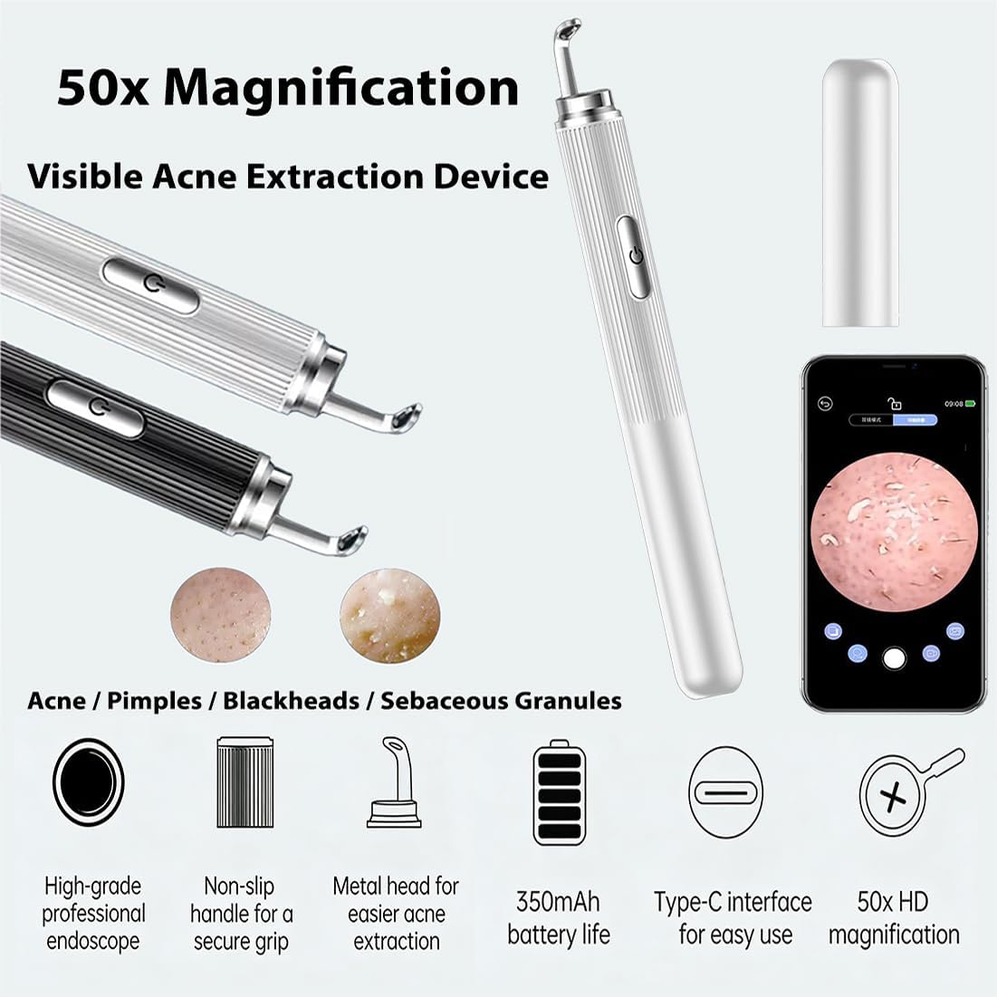 50x HD Visual Blackhead Remover with Camera for Phone - Manual Pimple Extractor Tool with LED Light & USB-C Rechargeable Comedone Extractor for Face Nose – Clear Skin Care Kit (Black)