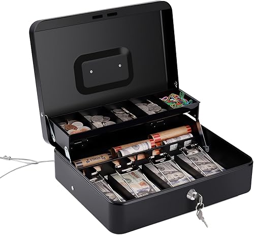 Sumerfnt Caja de efectivo con bandeja de dinero y caja de dinero con cerradura con cable de seguridad, caja de efectivo con bloqueo de metal, 11.8 x