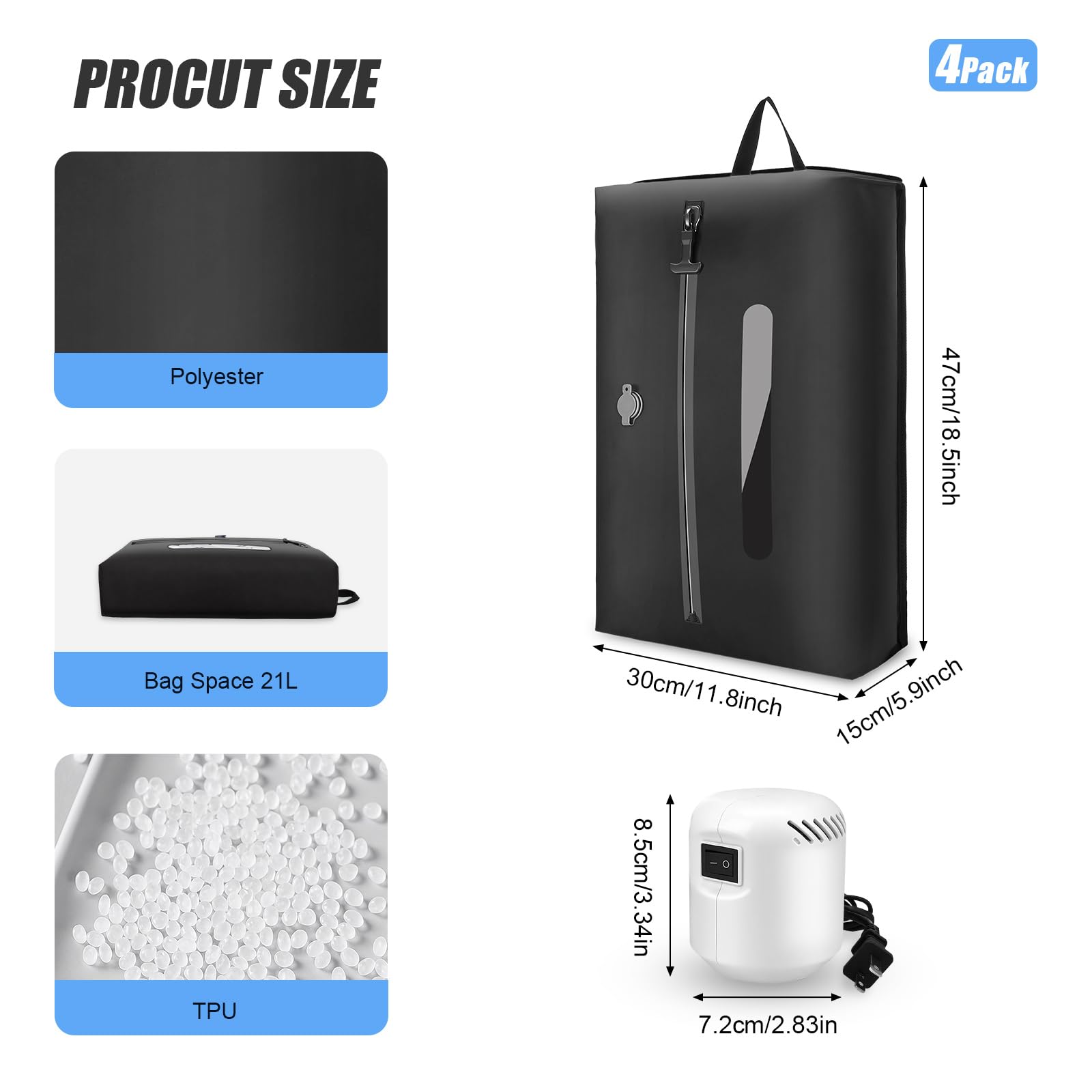 Lot de 4 sacs sous vide pour voyage avec pompe, sacs de compression réutilisables de 21 L avec fermeture éclair étanche IP68, sacs de voyage sans air pour bagages familiaux et rangement à la maison
