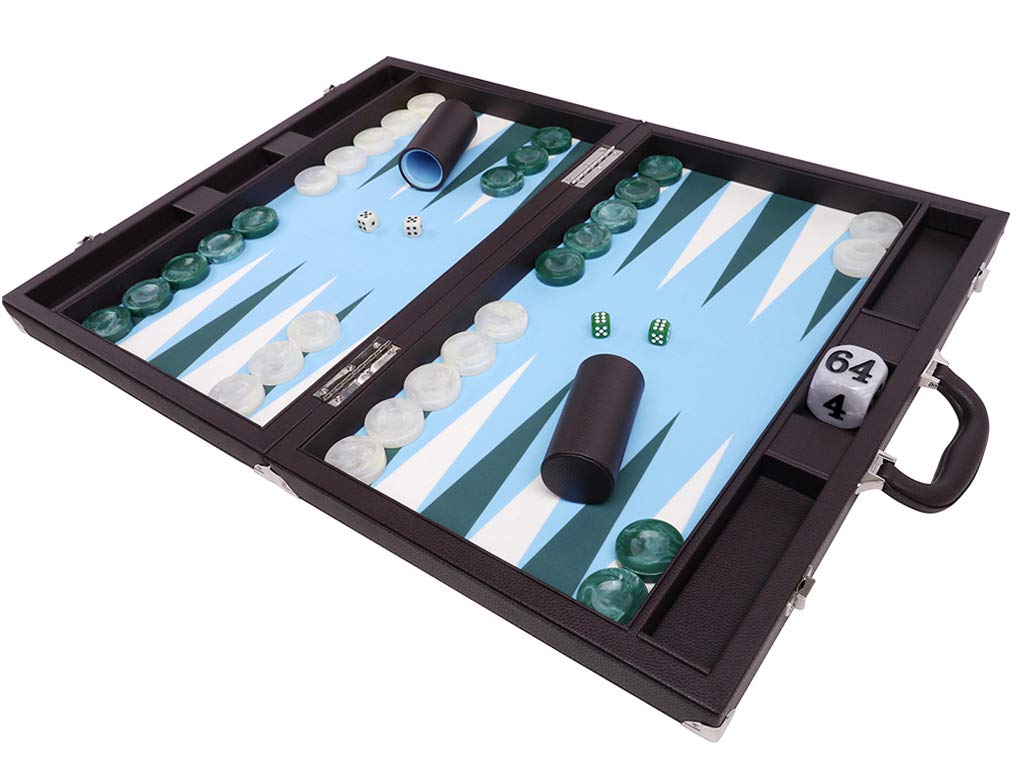 Set Backgammon da torneo da 21", custodia marrone con campo azzurro, edizione Masters