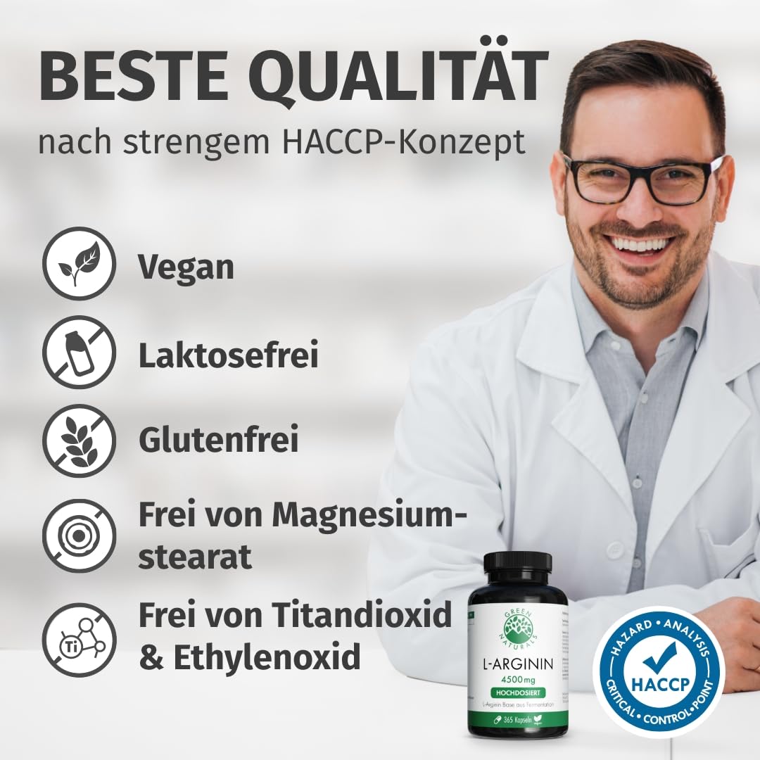 Green Naturals L-Arginin – Hochdosiert: 4.500 mg – 365 Kapseln | Reines L-Arginin Base · Aus natürlicher Fermentation · 2-Monatsvorrat