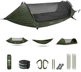ETROL Rede de acampamento com rede mosquiteira, rede portátil de paraquedas 3 em 1, rede dupla e única para viagens, ao ar livre, ambientes internos, trilhas - com alças de árvore, mosquetões, postes