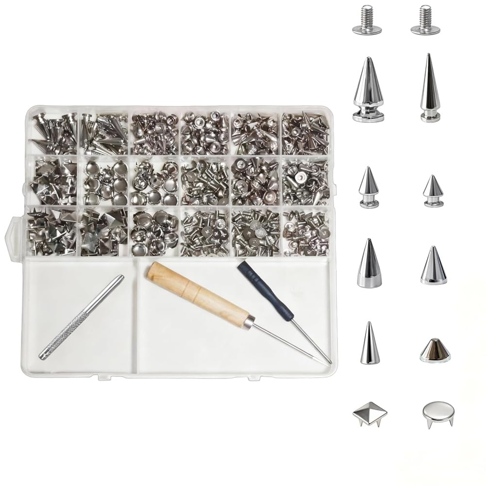 Littimoon 455 Pcs Punk Spikes and Studs Kit, 10 Sizes Metal Cone and Square Studs for Clothing and Leathercraft