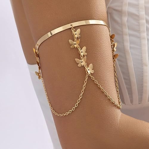 Miniatura 3 de Missgrace Brazalete bohemio con borla de mariposa simple en capas, brazalete de brazo abierto, bonito brazalete ancho de cadena larga de mariposa