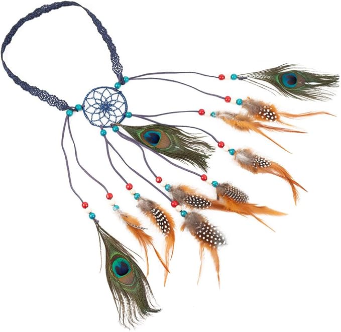 Amazon 髪飾り インディアン風 ドリームキャッチャー オシャレ 孔雀の羽 レディース ボヘミアンヘアアクセサリー ヘアバンド ブルー 2 ヘアバンド ターバン 通販