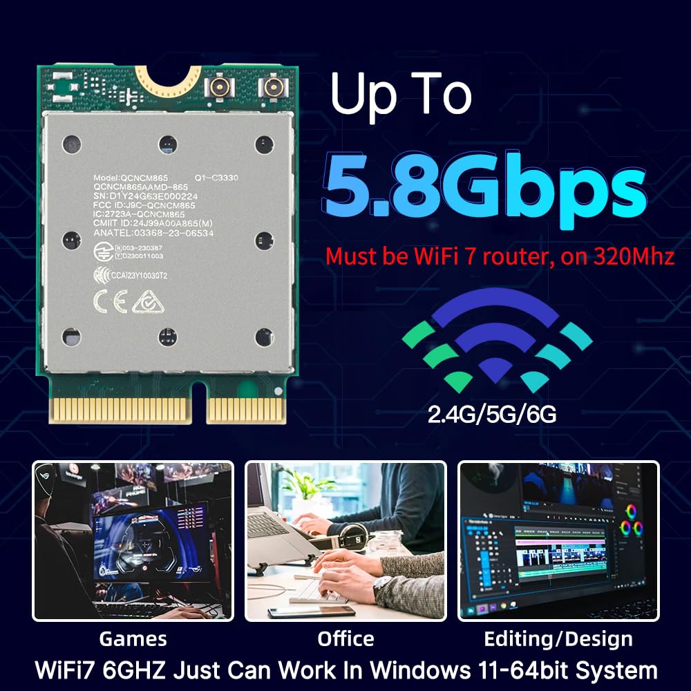 Karta WiFi 7 QCNCM865-5800Mbps M.2 Key E Tri-Band (2,4 G/5G/6 GHz) z 4K-QAM i BT 5.3, dla płyt głównych Intel, AMD, zoptymalizowana dla Windows 11 - karta sieciowa o bardzo niskim opóźnieniu