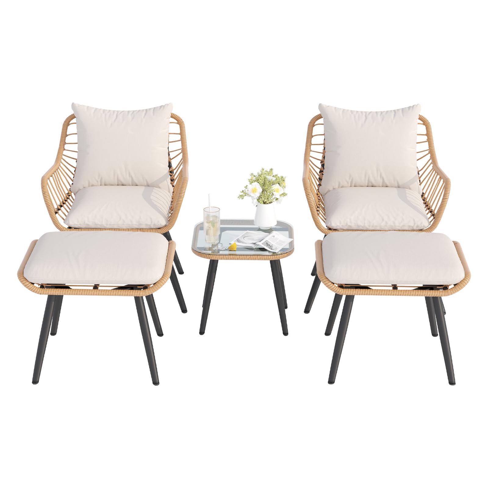 LUCIMUNDI 5 Pcs Patio Bistro Set, All-Weather Rattan Patio Furniture Set w/2 Chairs, 2 Ottomans & Table, Outdoor Wicker Conversation Set for Balcony