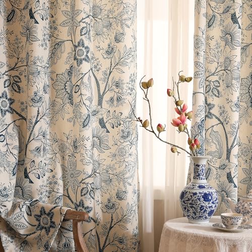 Image of ISAENNE Designer Elegant Linen Printed Curtains,2 Panels,94 inchx65 inch-Ruyi B | Vintage French Cottage Curtain with Grommets 63 inch long,Blue Floral Pattern Draps,kitchen Bedroom Living Room Window