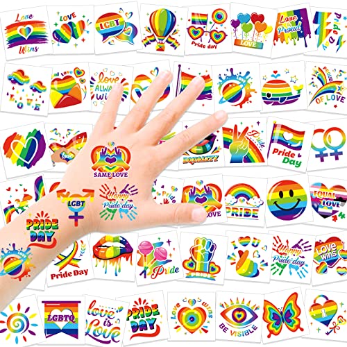 Howaf 96Pcs Gay Pride Temporary Tattoos, Pride Day Party Decorations Face Tattoos, Lgbt Fake Tattoos Stickers For Rainbow Party Pride Month Parades And Celebrations Decorations, Love Is Love Temporary Tattoos For Adults #TOP1