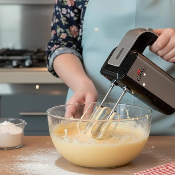 GINSU 5 Speed, Turbo Boost Electric Handheld Mixer Stainless steel whisk, Beater and Dough Hooks Black