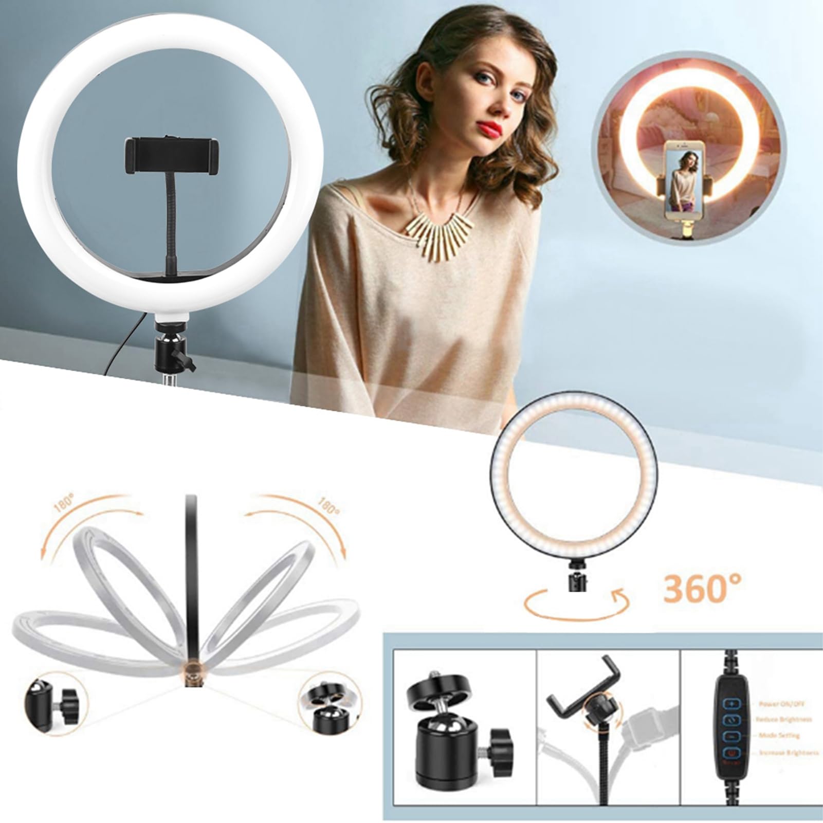 Luce Anulare a LED Dimmerabile con Treppiedi, Alimentazione USB, Ruotabile a 360°, Clip per Telefono per Studio Video di Trucco