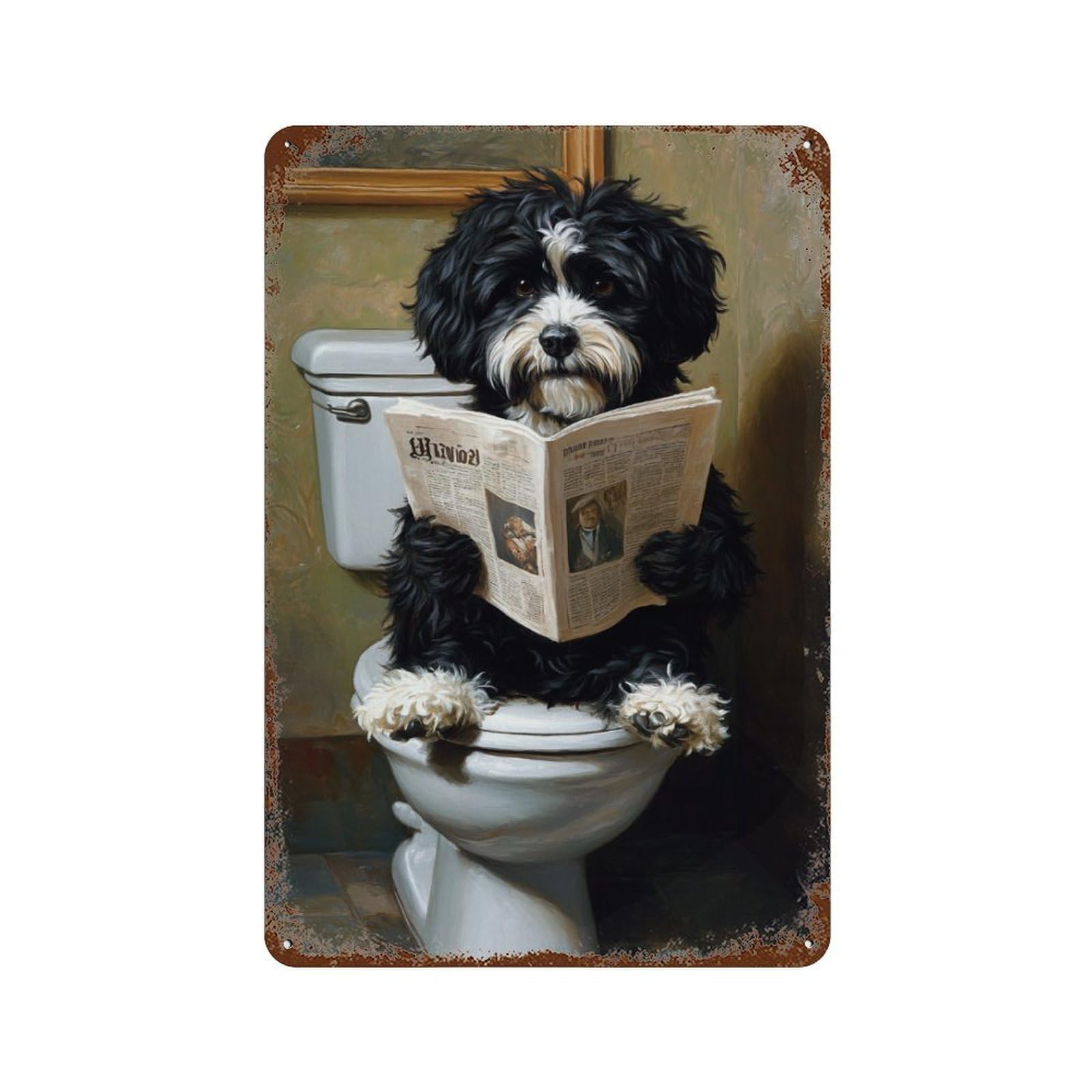 Dog Reading Newspaper on Toilet-2 Aged Metal Wall Plaque 11.8"x7.9", Industrial Home Decor for Garage, Pub Or Kitchen