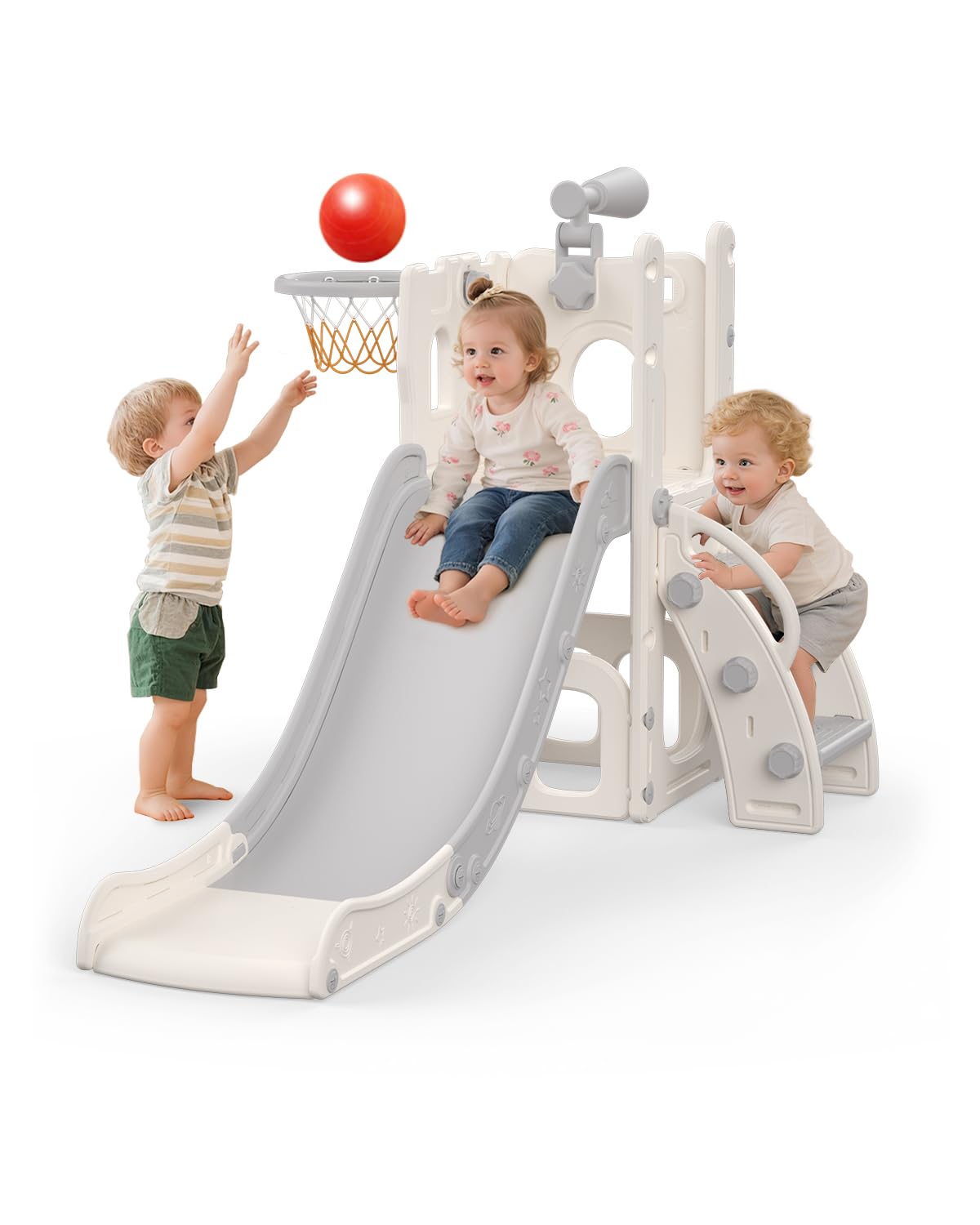 Tobogán Infantil, 5 en 1 Tobogán para Niños Interiores y Exteriores, con Aro de Baloncesto Espacio de Almacenamiento y Telescopio para Niños a Partir de 1 Año, Gris