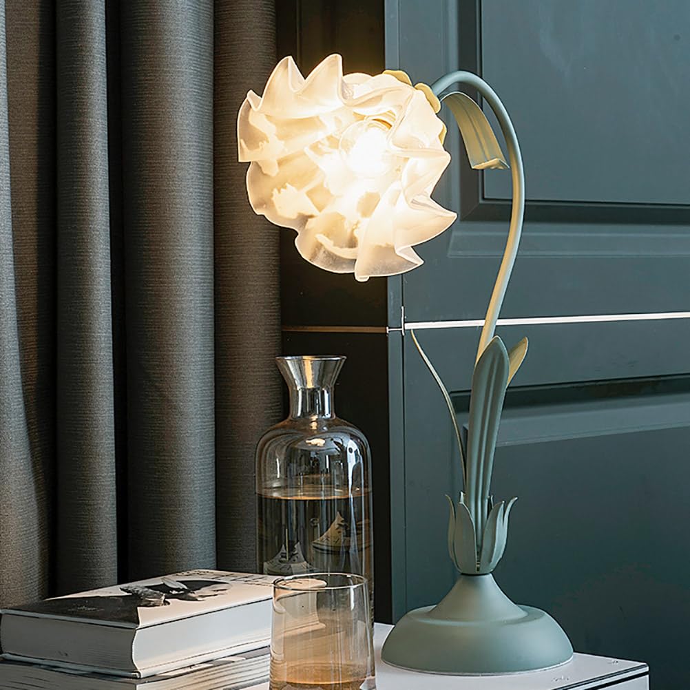 Schreibtischlampe Glas Blume, Vintage Nachttischlampe mit 3 Farbtemperaturen, Grüne Tischleuchte mit Flexiblem Arm, für Schlafzimmer, Wohnzimmer