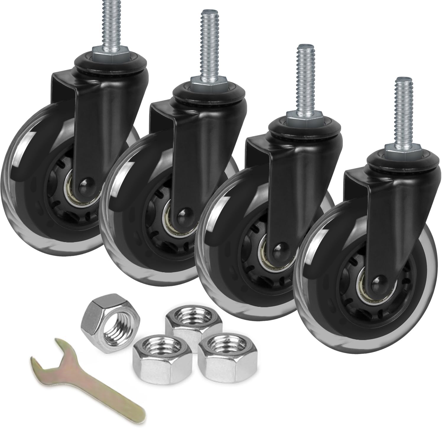 3" Rubber Caster Wheels Heavy Duty with 3/8"-16 x 1-1/2" Threaded Stem Casters Set of 4, Quiet and Smooth Rolling Castors for Furniture Hardwood Floors (No Brake)