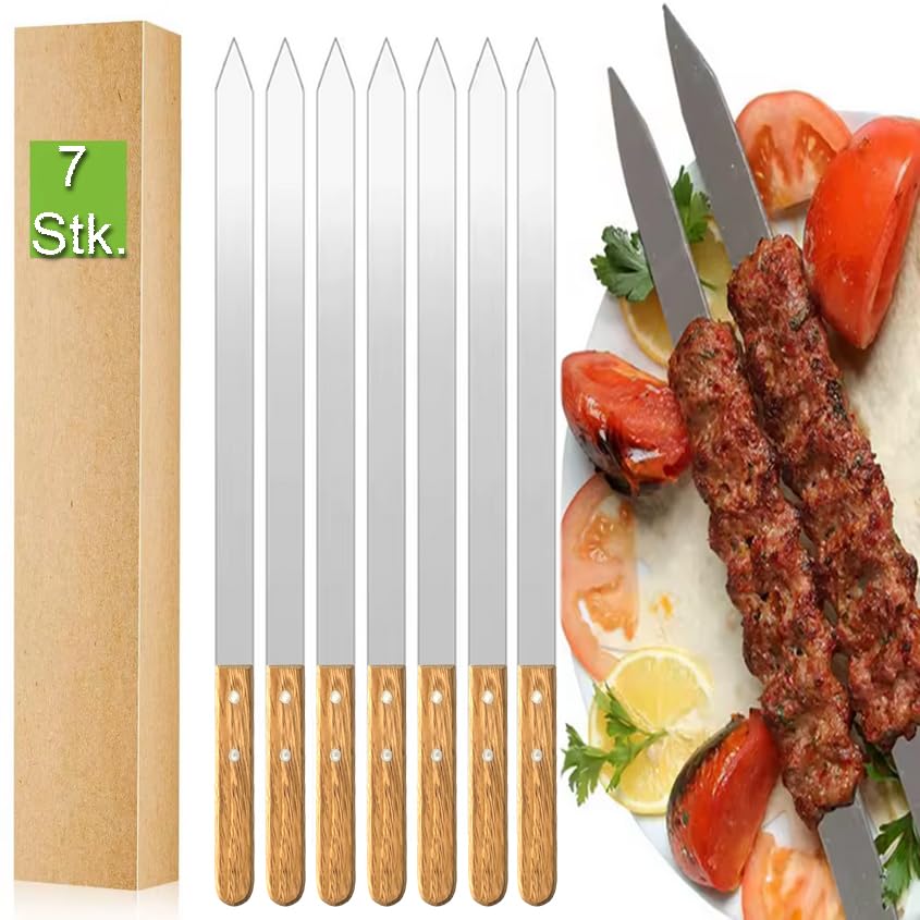 7 Stück Premium Grillspieße Edelstahl Flache BBQ Spieße 60cm Lang 2 3cm Breit und 2mm Stark Rostfrei & Wiederverwendbar Perfekt für Kebab Fleisch & Gemüse Ideal für Grill Barbecue & Camping