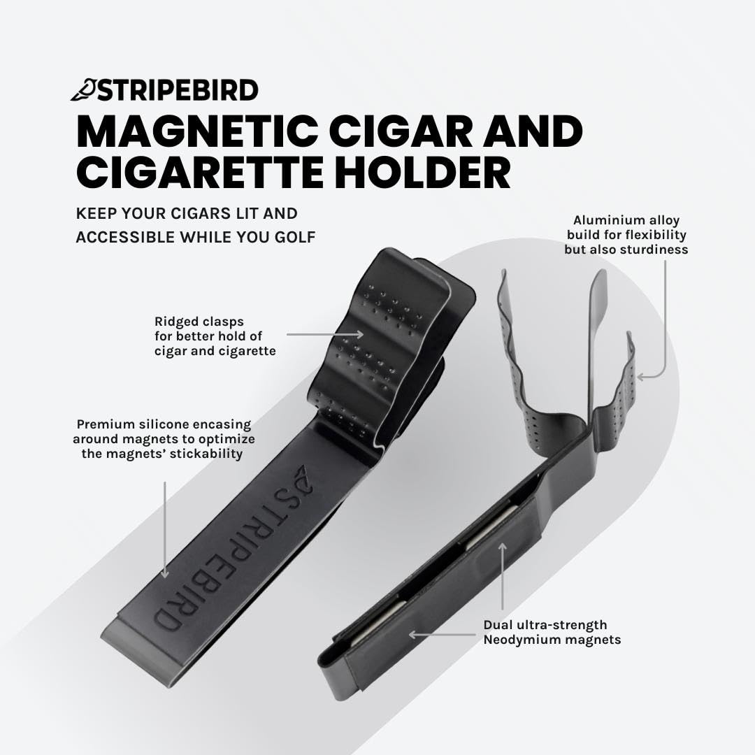 Stripebird Magnetic Golf Cigar Holder - Durable Aluminum Alloy with Neodymium Magnets - Magnetically Attached to Golf Cart, Irons, Push Cart & Hub Mount - Easy Clamp Design & Cigar Clip - Black