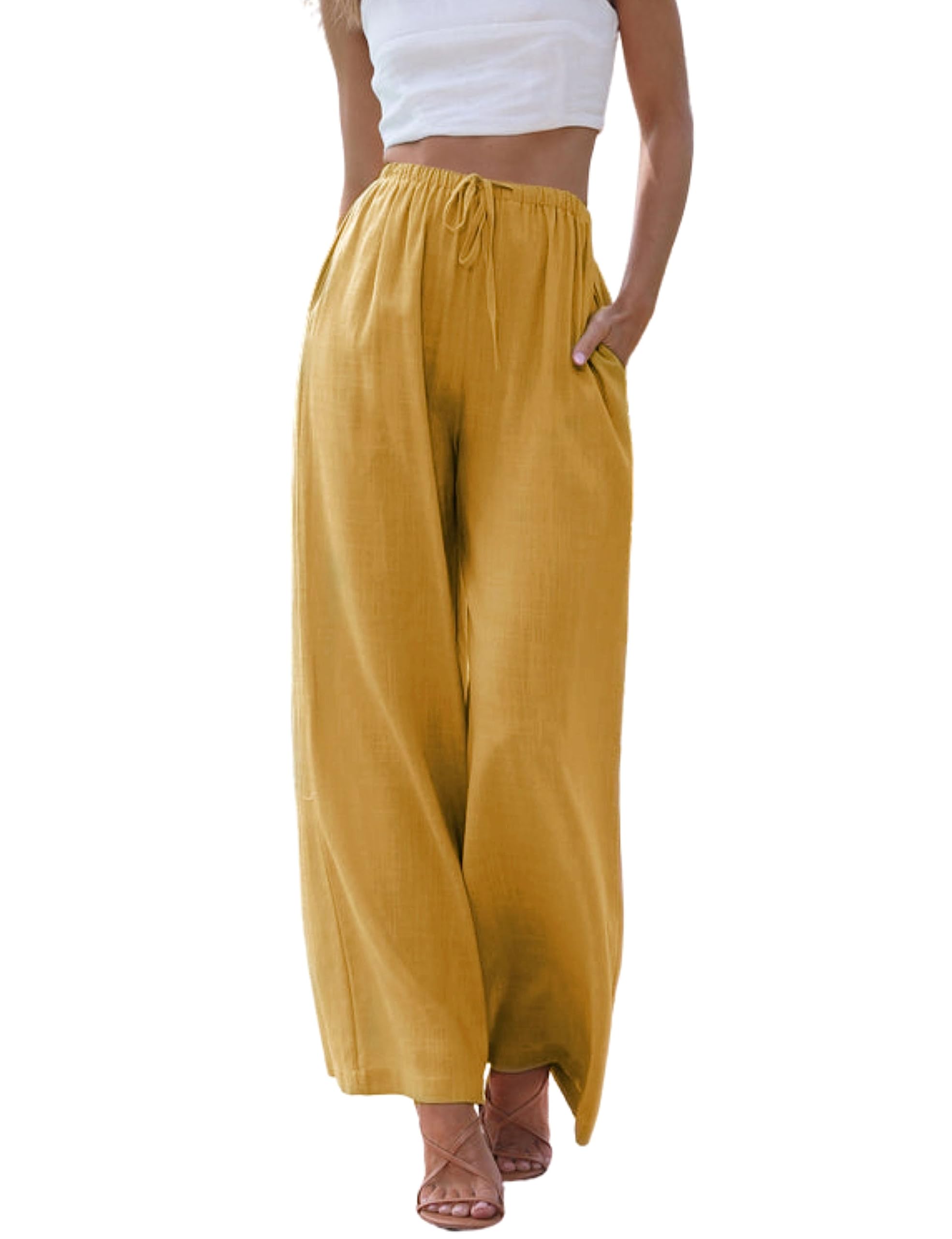 Hooever Women's Wide Leg Cotton Linen Pants High Waist Adjustable Tie Knot Lounge Trousers